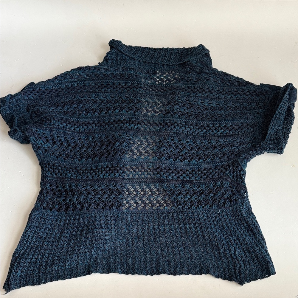 APT 9 Navy Open-Knit Short Sleeve Sweater Women’s Size Medium - Picture 7 of 11